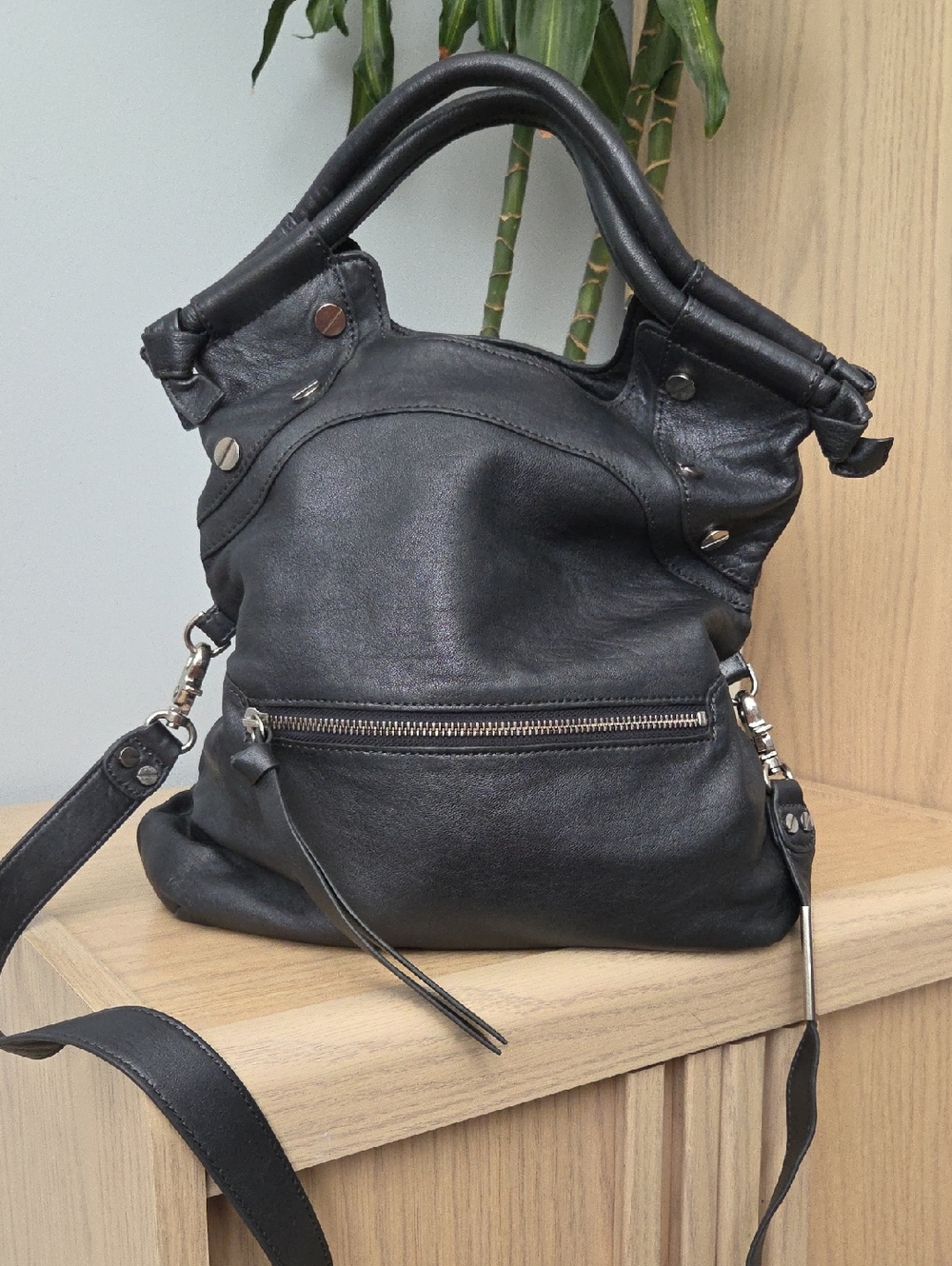 Foley + Corinna Gunmetal Gray Leather Crossbody Bag w Silver Hardware
